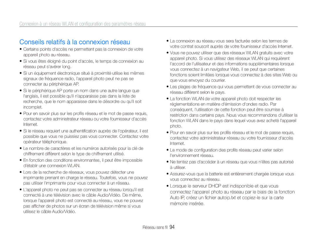 Samsung EC-ST80ZZBPUE1, EC-ST80ZZBPBE1, EC-ST80ZZBPWE1 manual Conseils relatifs à la connexion réseau 