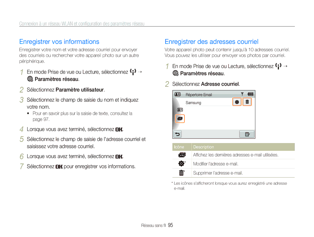 Samsung EC-ST80ZZBPBE1 Enregistrer vos informations, Enregistrer des adresses courriel, Saisissez votre adresse courriel 