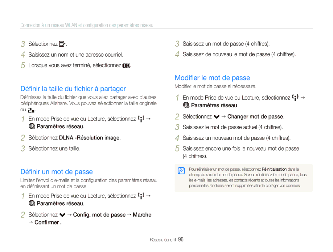 Samsung EC-ST80ZZBPWE1 manual Déﬁnir la taille du ﬁchier à partager, Déﬁnir un mot de passe, Modiﬁer le mot de passe 