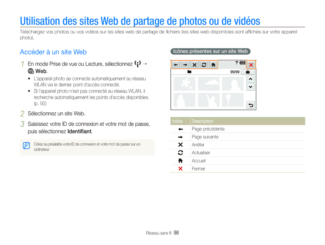 Samsung EC-ST80ZZBPBE1, EC-ST80ZZBPWE1 Utilisation des sites Web de partage de photos ou de vidéos, Accéder à un site Web 