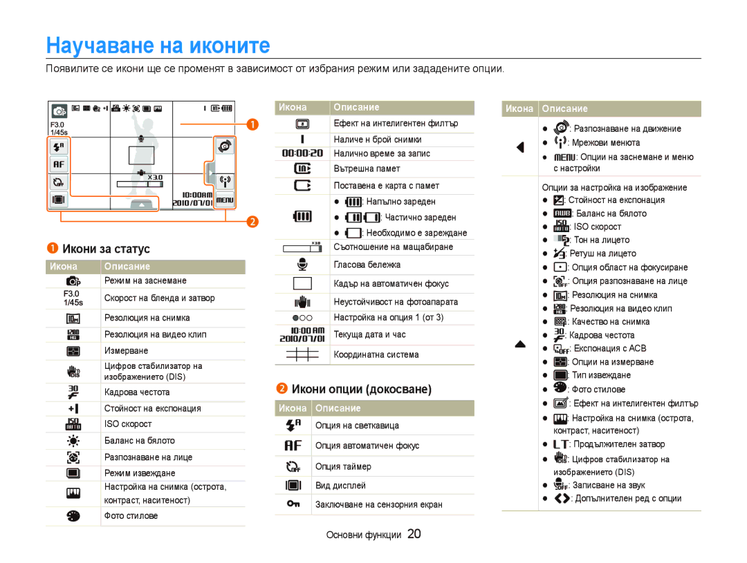 Samsung EC-ST80ZZBPPE3, EC-ST80ZZBPBE3, EC-ST80ZZBPUE3 manual Научаване на иконите, Икони за статус, Икони опции докосване 