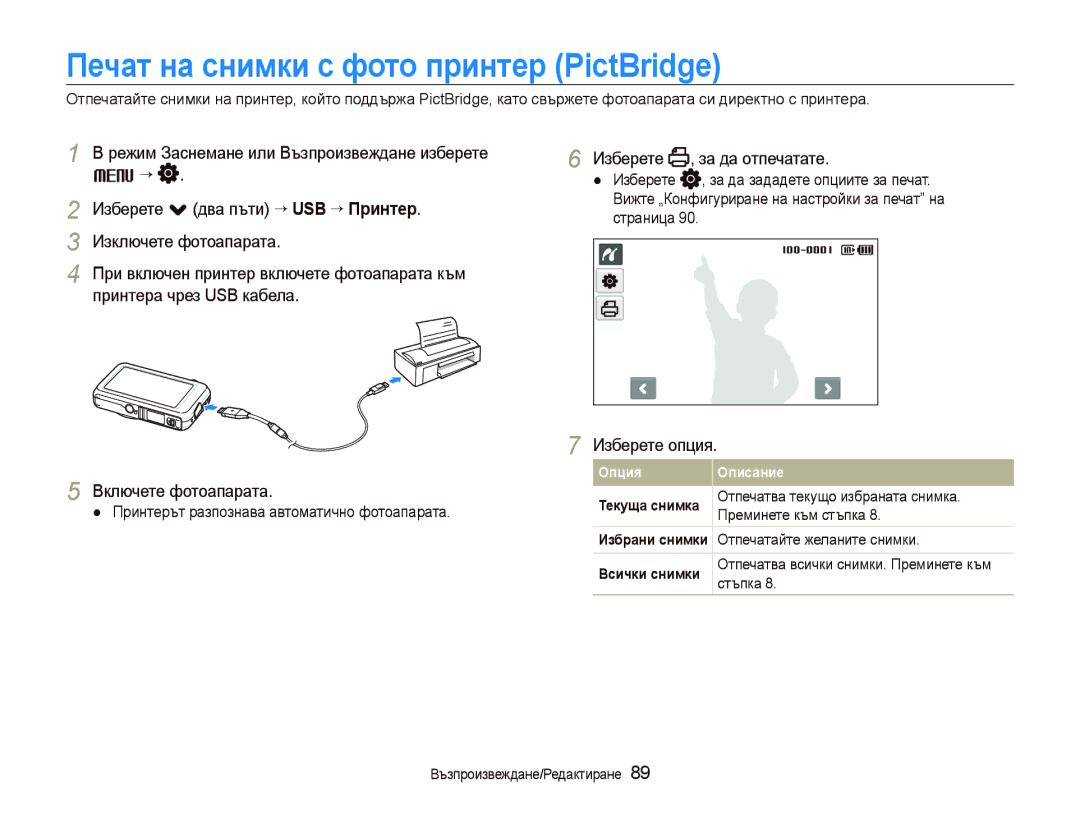 Samsung EC-ST80ZZBPUE3, EC-ST80ZZBPBE3 manual Печат на снимки с фото принтер PictBridge, Изберете , за да отпечатате 