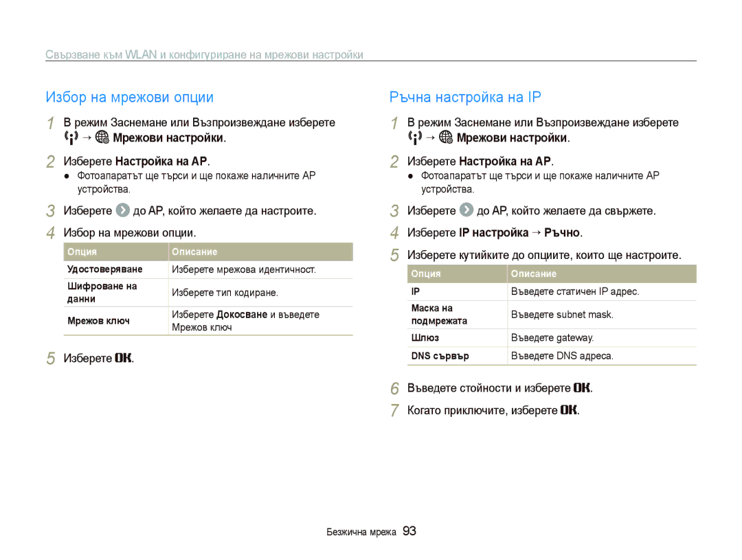Samsung EC-ST80ZZBPUE3, EC-ST80ZZBPBE3 manual Избор на мрежови опции, Ръчна настройка на IP, Изберете IP настройка “ Ръчно 