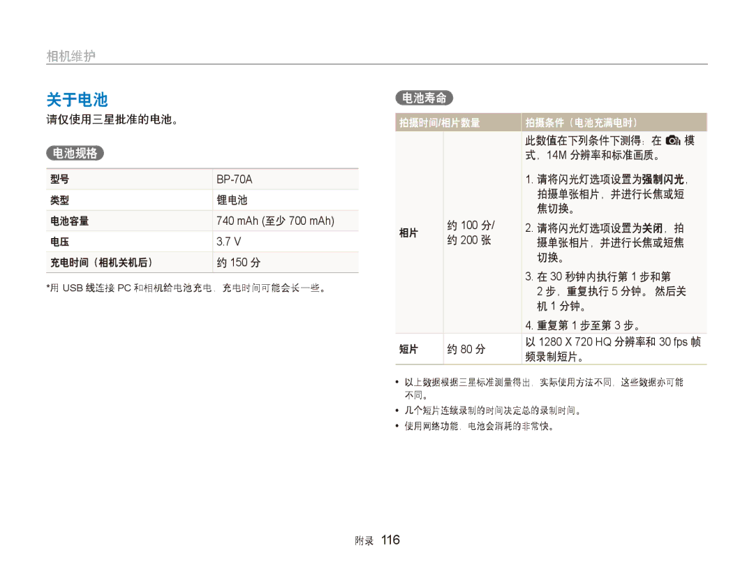 Samsung EC-ST80ZZBPWE3, EC-ST80ZZBPBE3, EC-ST80ZZBPPE3, EC-ST80ZZBPUE3, EC-ST80ZZBPWE2, EC-ST80ZZBPBE2 manual 关于电池 