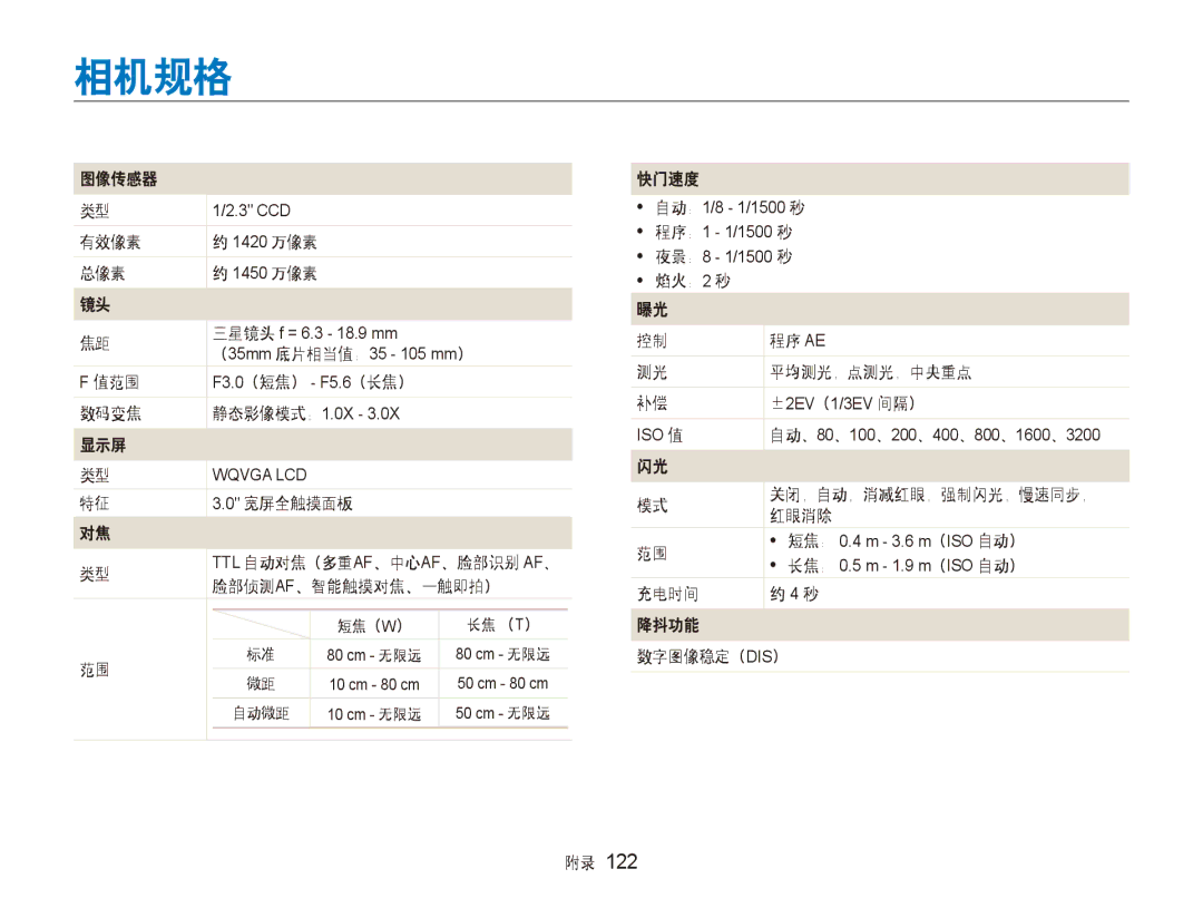 Samsung EC-ST80ZZBPWE3, EC-ST80ZZBPBE3, EC-ST80ZZBPPE3, EC-ST80ZZBPUE3, EC-ST80ZZBPWE2, EC-ST80ZZBPBE2 manual 相机规格 