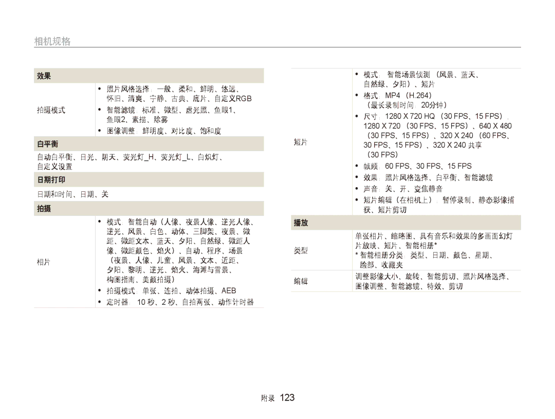 Samsung EC-ST80ZZBPWE2, EC-ST80ZZBPBE3, EC-ST80ZZBPPE3 照片风格选择：一般、柔和、鲜明、悠远、, （最长录制时间：20分钟）, 效果：照片风格选择、白平衡、智能滤镜 声音：关、开、变焦静音 