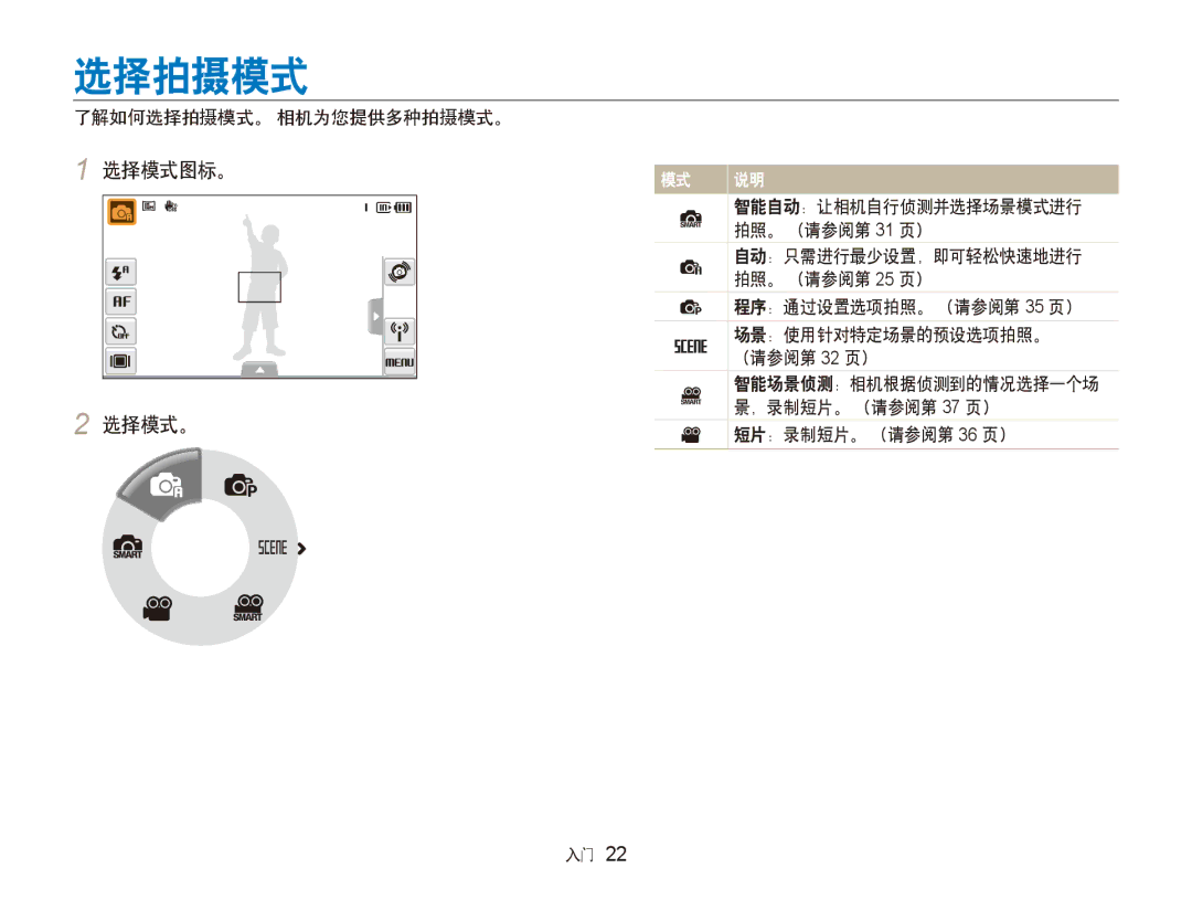 Samsung EC-ST80ZZBPBE2 manual 选择模式图标。 选择模式。, 了解如何选择拍摄模式。 相机为您提供多种拍摄模式。, 程序：通过设置选项拍照。 （请参阅第 35 页）, 短片：录制短片。 （请参阅第 36 页） 