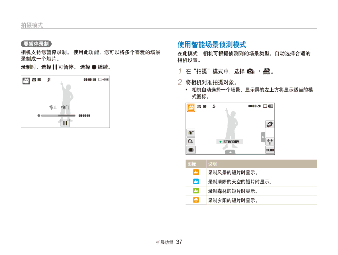 Samsung EC-ST80ZZBPUE3, EC-ST80ZZBPBE3 manual 使用智能场景侦测模式, 在拍摄模式中，选择 a→ D。, 将相机对准拍摄对象。, 相机自动选择一个场景，显示屏的左上方将显示适当的模 式图标。 