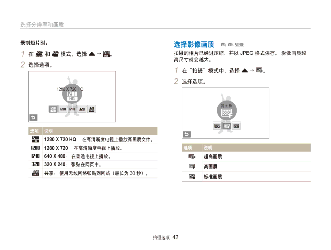 Samsung EC-ST80ZZBPPE3, EC-ST80ZZBPBE3, EC-ST80ZZBPUE3, EC-ST80ZZBPWE3, EC-ST80ZZBPWE2 选择影像画质 aps, D和 v模式，选择 f→ 。 2 选择选项。 