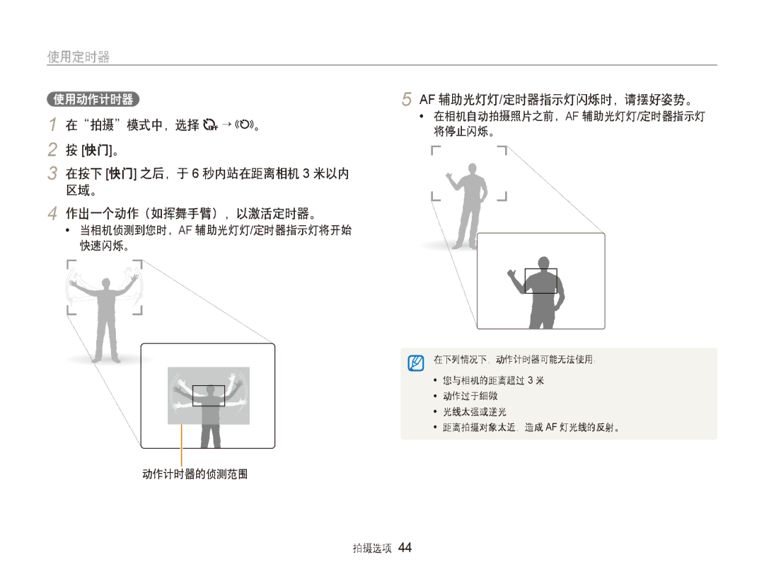 Samsung EC-ST80ZZBPWE3 manual 拍摄 模式中，选择 → 。, 快门 。 在按下 快门 之后，于 6 秒内站在距离相机 3 米以内 区域。 作出一个动作（如挥舞手臂），以激活定时器。, 动作计时器的侦测范围 拍摄选项 