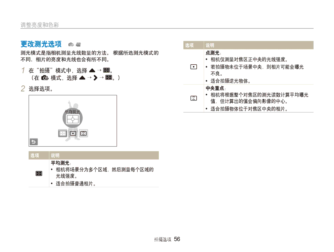 Samsung EC-ST80ZZBPWE3, EC-ST80ZZBPBE3, EC-ST80ZZBPPE3, EC-ST80ZZBPUE3 manual 更改测光选项 pv, 在拍摄模式中，选择 f→, （在 p模式，选择 f→ → 