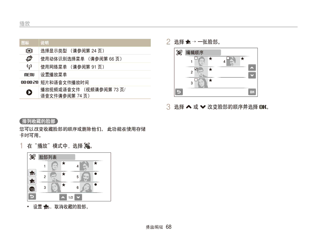 Samsung EC-ST80ZZBPWE3, EC-ST80ZZBPBE3, EC-ST80ZZBPPE3, EC-ST80ZZBPUE3 manual 选择 → 一张脸部。, 选择 ,或 .改变脸部的顺序并选择 。, 在播放模式中，选择 。 