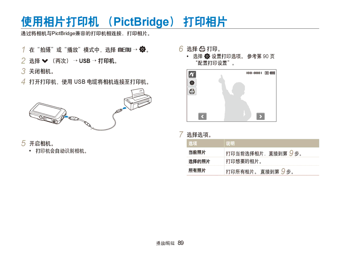 Samsung EC-ST80ZZBPBE3, EC-ST80ZZBPPE3, EC-ST80ZZBPUE3 使用相片打印机 （PictBridge） 打印相片, 选择 打印。, 通过将相机与PictBridge兼容的打印机相连接，打印相片。 