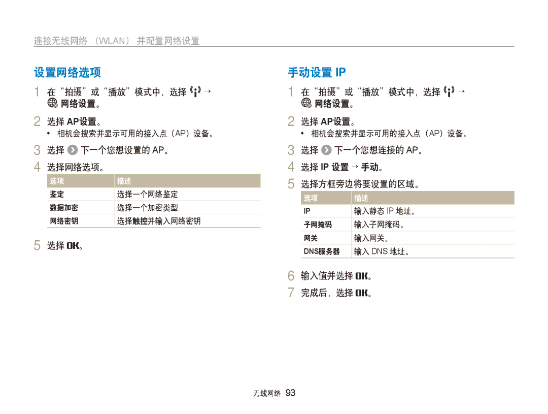 Samsung EC-ST80ZZBPWE2 manual 设置网络选项, 手动设置 Ip, 选择 下一个您想设置的 Ap。 选择网络选项。, 选择 下一个您想连接的 Ap。 选择 Ip 设置 → 手动。 选择方框旁边将要设置的区域。 