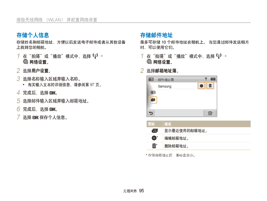 Samsung EC-ST80ZZBPBE3, EC-ST80ZZBPPE3, EC-ST80ZZBPUE3 manual 存储个人信息, 存储邮件地址, 在拍摄或播放模式中，选择 N→ 网络设置。 2 选择用户设置。 选择名称输入区域并输入名称。 