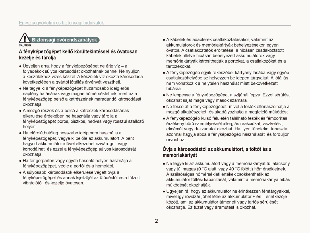 Samsung EC-ST80ZZBPWE3, EC-ST80ZZBPBE3 manual Egészségvédelmi és biztonsági tudnivalók, Biztonsági óvórendszabályok 