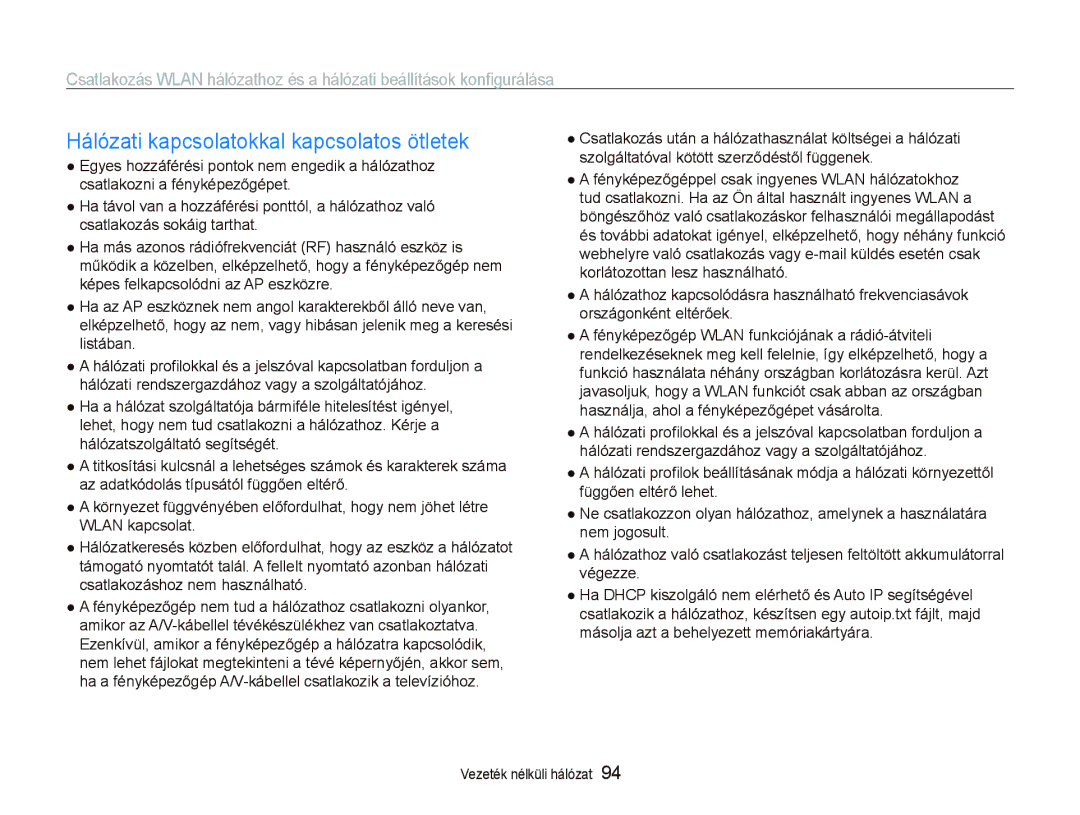 Samsung EC-ST80ZZBPBE2, EC-ST80ZZBPBE3, EC-ST80ZZBPPE3, EC-ST80ZZBPUE3 manual Hálózati kapcsolatokkal kapcsolatos ötletek 