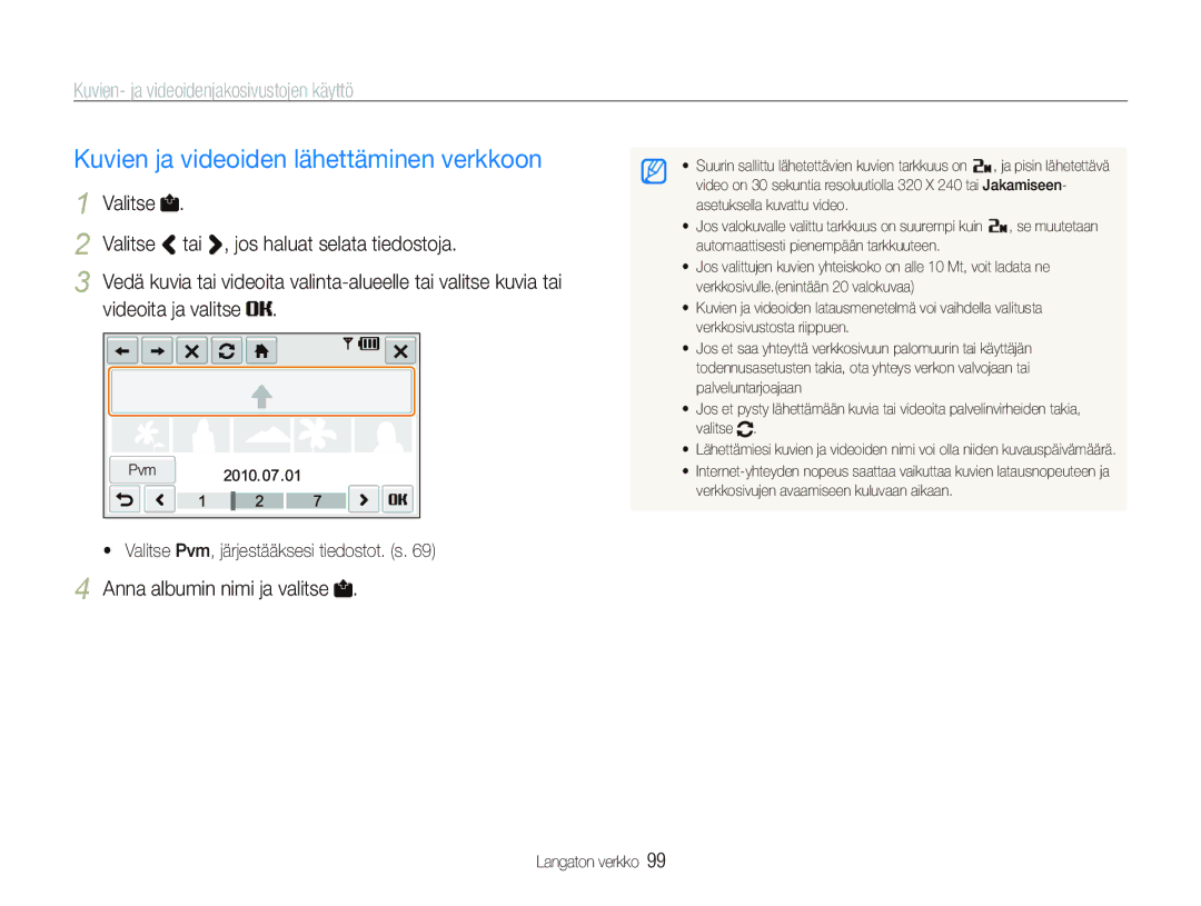 Samsung EC-ST80ZZBPBE3 manual Kuvien ja videoiden lähettäminen verkkoon, Kuvien- ja videoidenjakosivustojen käyttö 