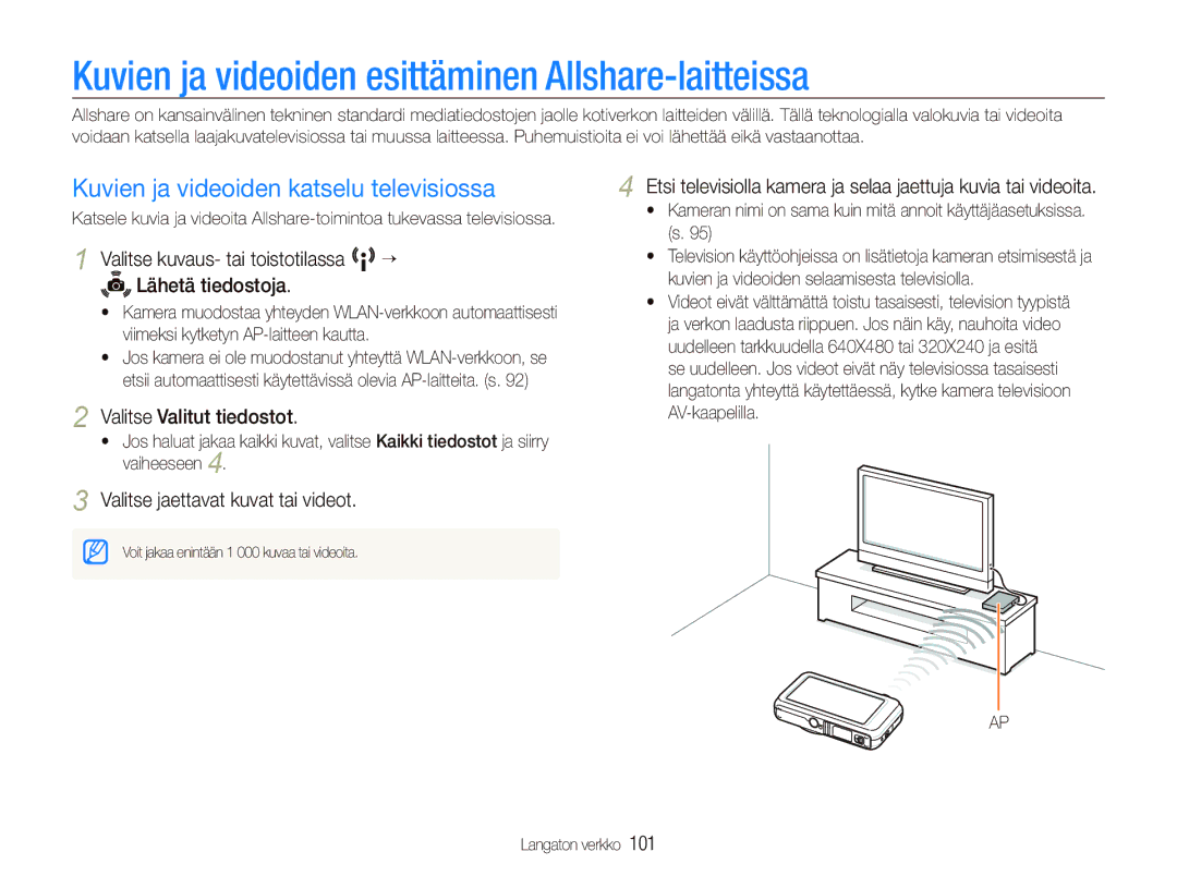 Samsung EC-ST80ZZBPPE2 manual Kuvien ja videoiden esittäminen Allshare-laitteissa, Kuvien ja videoiden katselu televisiossa 