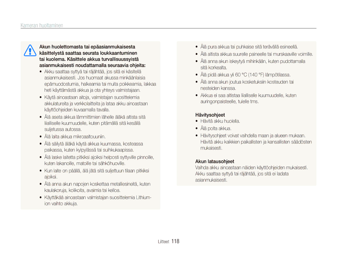 Samsung EC-ST80ZZBPBE2, EC-ST80ZZBPBE3, EC-ST80ZZBPWE2, EC-ST80ZZBPPE2 manual Sitä korkealta, Nesteiden kanssa, Hävitysohjeet 