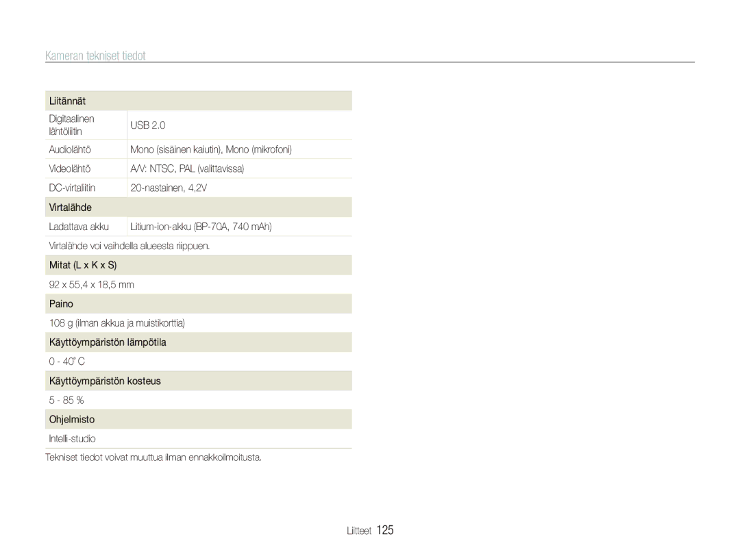 Samsung EC-ST80ZZBPPE2, EC-ST80ZZBPBE3, EC-ST80ZZBPWE2, EC-ST80ZZBPBE2 manual Liitännät 