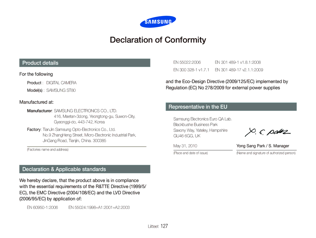 Samsung EC-ST80ZZBPBE3, EC-ST80ZZBPWE2, EC-ST80ZZBPPE2, EC-ST80ZZBPBE2 manual For the following, Manufactured at 