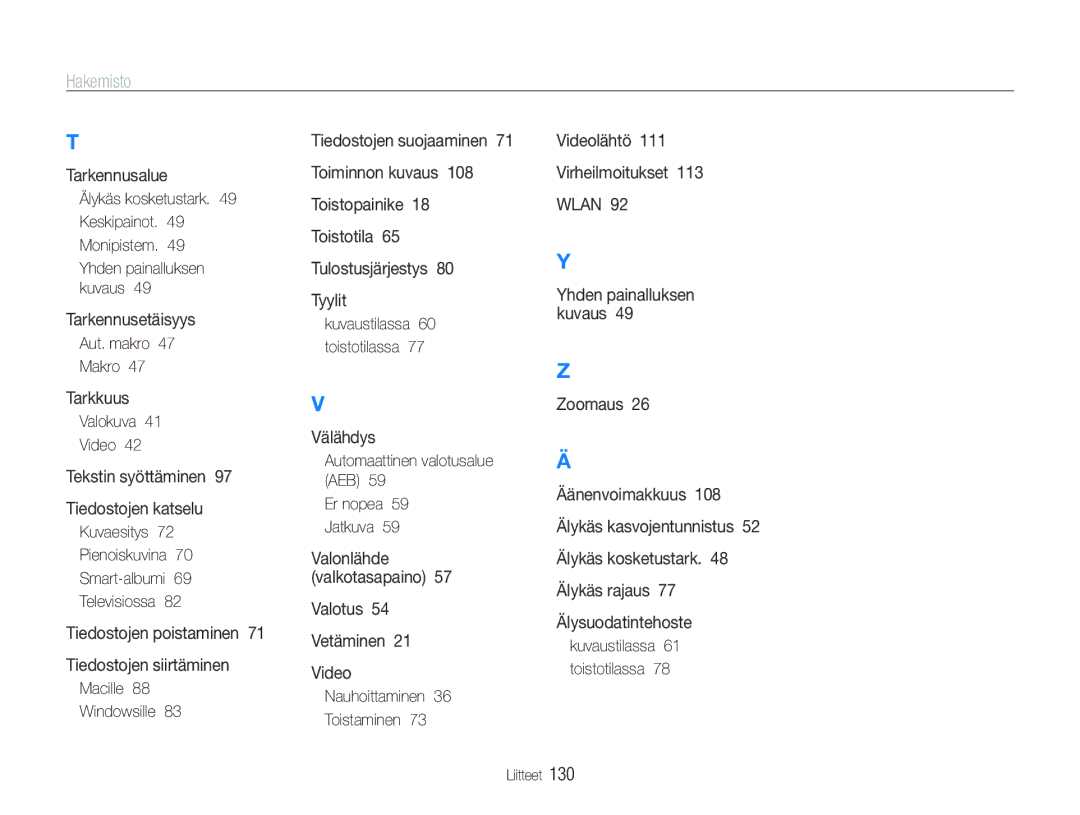 Samsung EC-ST80ZZBPBE2 manual Aut. makro Makro, Valokuva Video, Kuvaesitys Pienoiskuvina Smart-albumi Televisiossa 