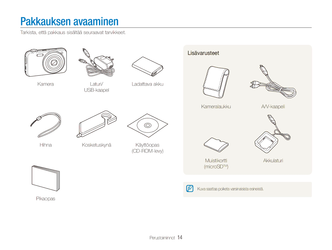 Samsung EC-ST80ZZBPBE2, EC-ST80ZZBPBE3, EC-ST80ZZBPWE2, EC-ST80ZZBPPE2 manual Pakkauksen avaaminen, Lisävarusteet 