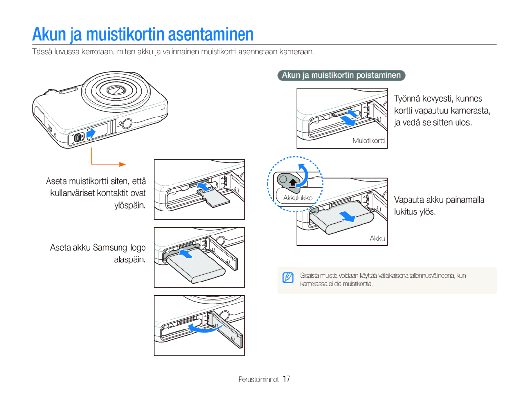 Samsung EC-ST80ZZBPPE2, EC-ST80ZZBPBE3 Akun ja muistikortin asentaminen, Lukitus ylös, Akun ja muistikortin poistaminen 