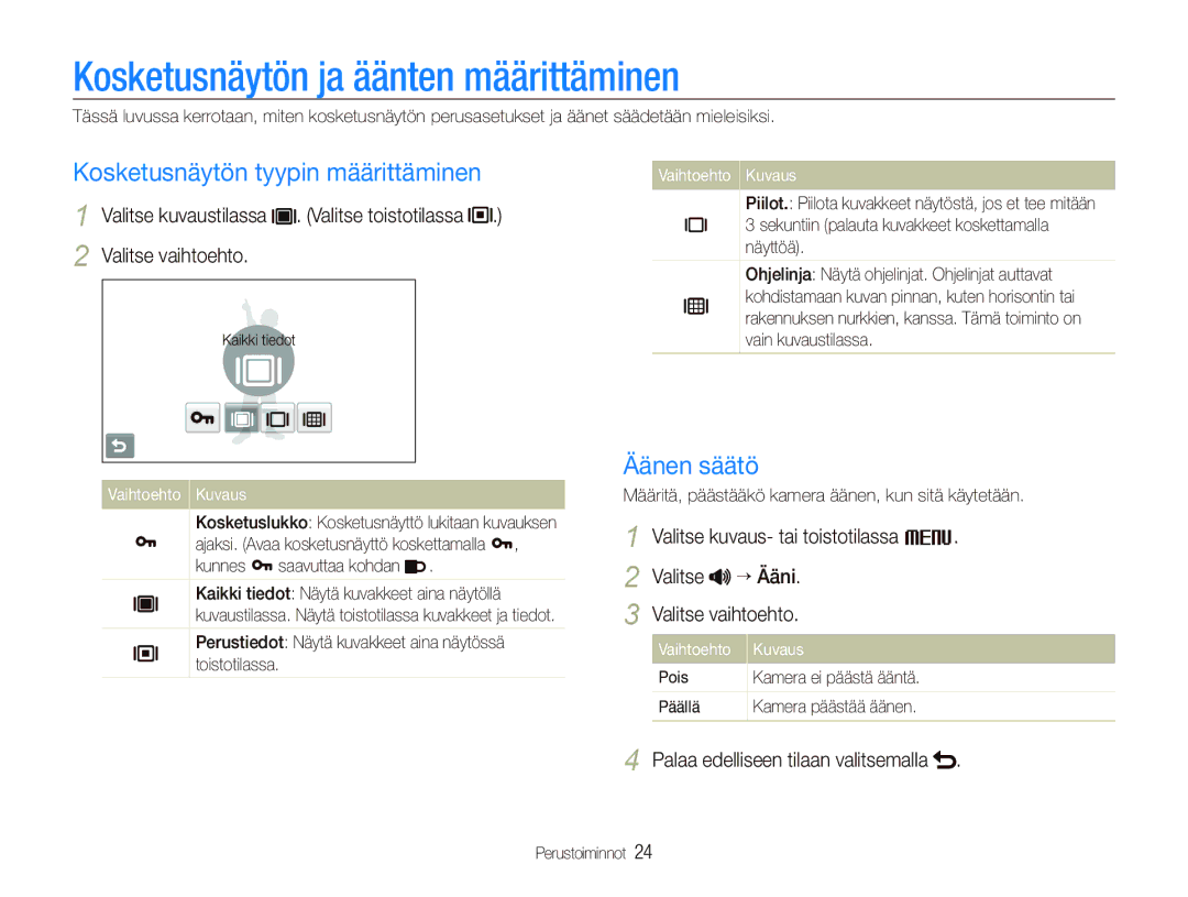 Samsung EC-ST80ZZBPWE2 manual Kosketusnäytön ja äänten määrittäminen, Kosketusnäytön tyypin määrittäminen, Äänen säätö 