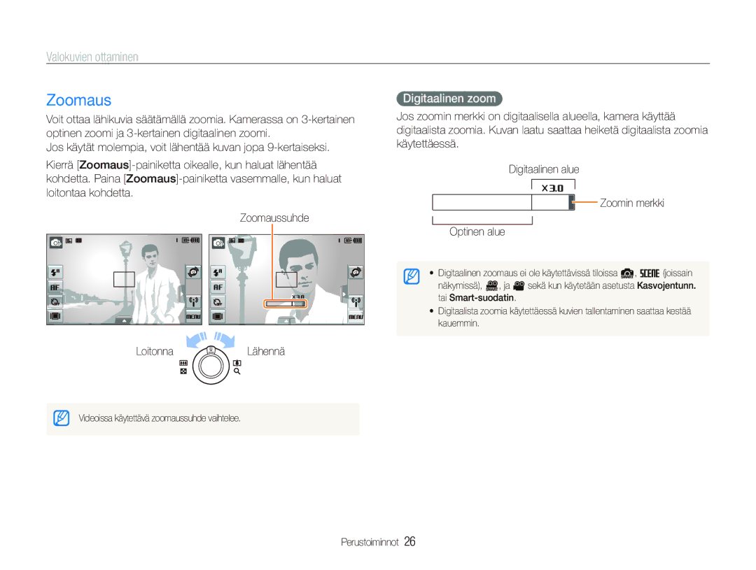 Samsung EC-ST80ZZBPBE2, EC-ST80ZZBPBE3, EC-ST80ZZBPWE2, EC-ST80ZZBPPE2 manual Zoomaus, Valokuvien ottaminen, Digitaalinen zoom 