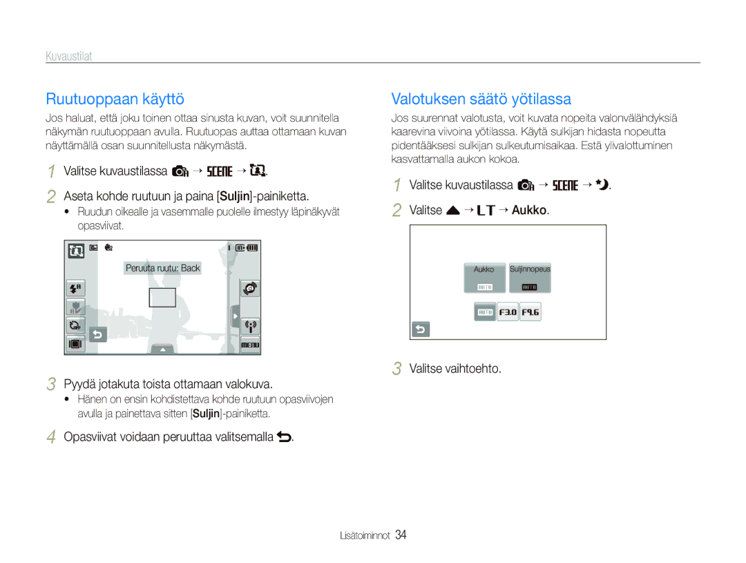 Samsung EC-ST80ZZBPBE2, EC-ST80ZZBPBE3, EC-ST80ZZBPWE2, EC-ST80ZZBPPE2 manual Ruutuoppaan käyttö, Valotuksen säätö yötilassa 