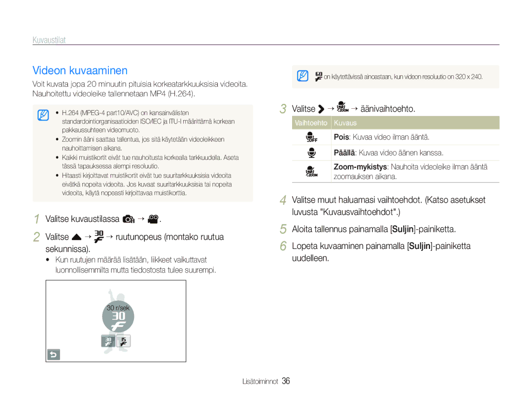 Samsung EC-ST80ZZBPWE2, EC-ST80ZZBPBE3, EC-ST80ZZBPPE2, EC-ST80ZZBPBE2 manual Videon kuvaaminen, Valitse ““ ““äänivaihtoehto 