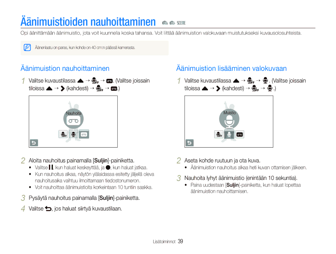 Samsung EC-ST80ZZBPBE3, EC-ST80ZZBPWE2, EC-ST80ZZBPPE2 Äänimuistioiden nauhoittaminen a p s, Äänimuistion nauhoittaminen 