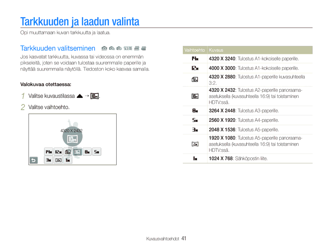 Samsung EC-ST80ZZBPPE2 manual Tarkkuuden ja laadun valinta, Tarkkuuden valitseminen S a p s D, Valokuvaa otettaessa 