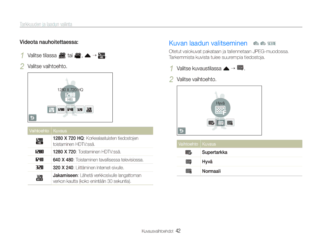 Samsung EC-ST80ZZBPBE2, EC-ST80ZZBPBE3, EC-ST80ZZBPWE2 manual Kuvan laadun valitseminen a p s, Tarkkuuden ja laadun valinta 