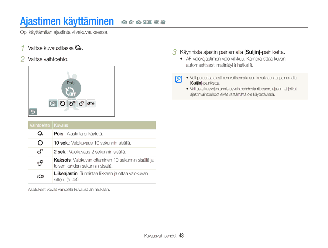 Samsung EC-ST80ZZBPBE3, EC-ST80ZZBPWE2 Ajastimen käyttäminen S a p s D, Käynnistä ajastin painamalla Suljin-painiketta 