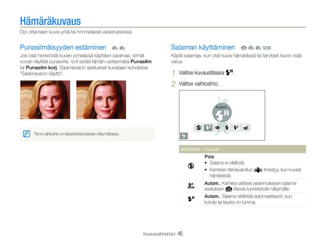 Samsung EC-ST80ZZBPPE2, EC-ST80ZZBPBE3 manual Hämäräkuvaus, Punasilmäisyyden estäminen a p, Salaman käyttäminen S a p s 