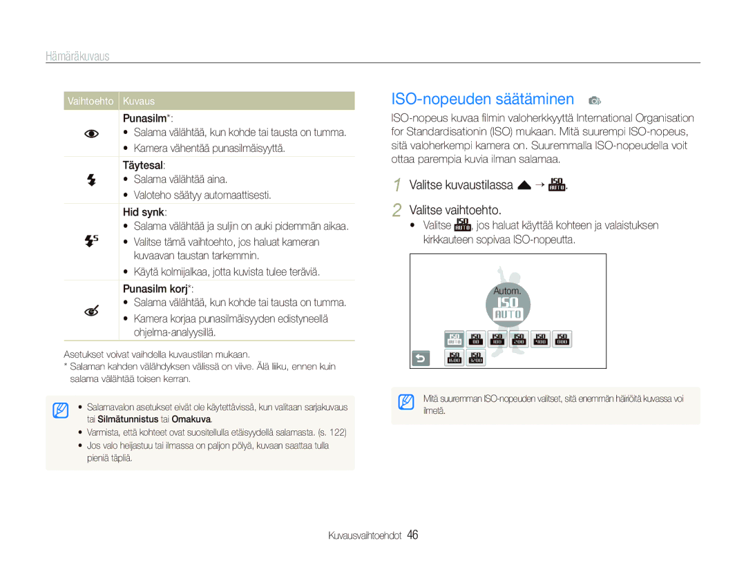 Samsung EC-ST80ZZBPBE2, EC-ST80ZZBPBE3 manual ISO-nopeuden säätäminen p, Hämäräkuvaus, Punasilm, Ohjelma-analyysillä 