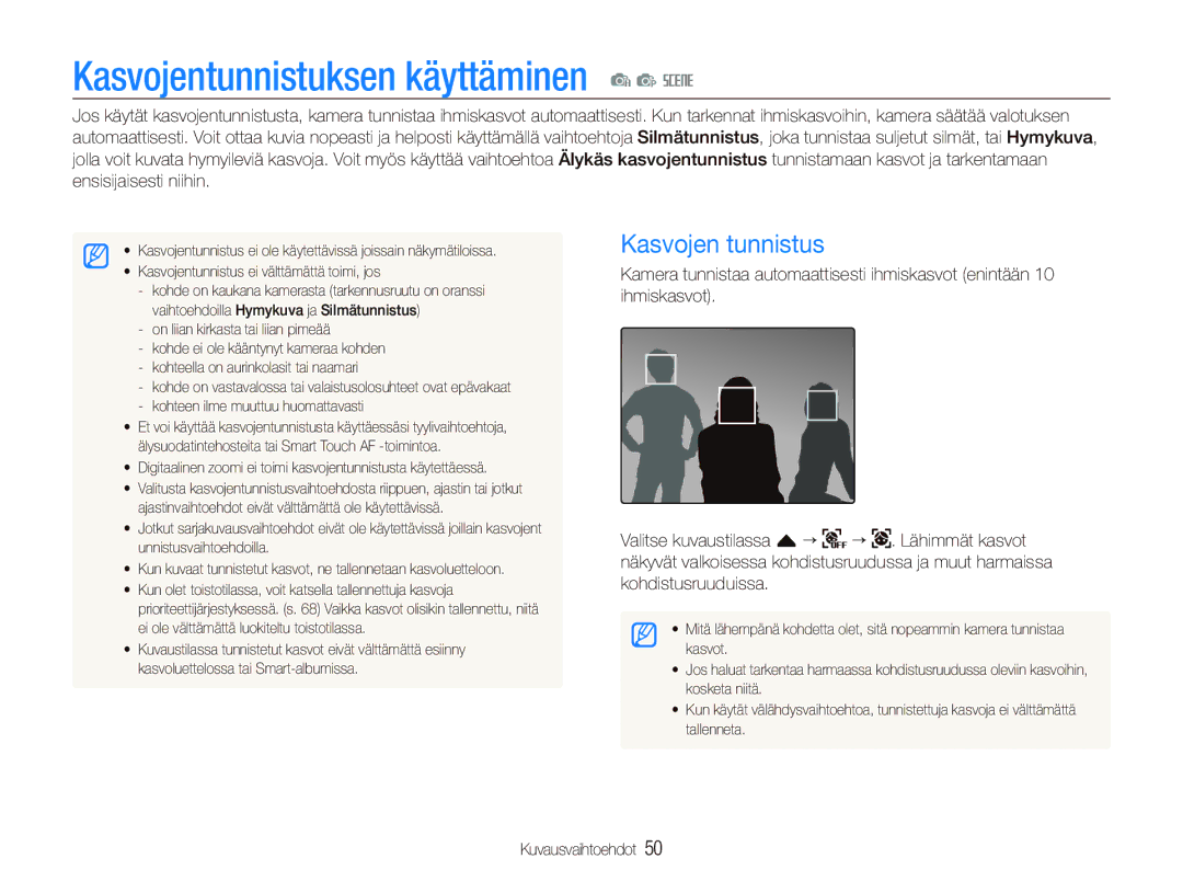 Samsung EC-ST80ZZBPBE2, EC-ST80ZZBPBE3, EC-ST80ZZBPWE2 manual Kasvojentunnistuksen käyttäminen a p s, Kasvojen tunnistus 