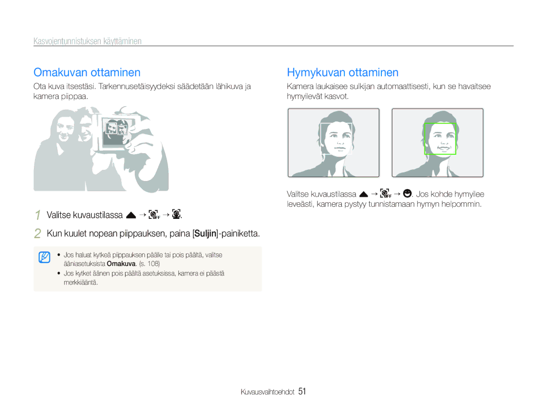 Samsung EC-ST80ZZBPBE3, EC-ST80ZZBPWE2 manual Omakuvan ottaminen, Hymykuvan ottaminen, Kasvojentunnistuksen käyttäminen 