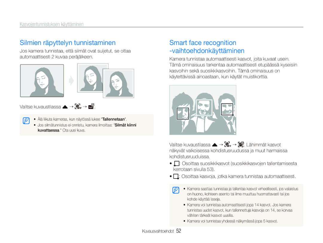 Samsung EC-ST80ZZBPWE2, EC-ST80ZZBPBE3 Silmien räpyttelyn tunnistaminen, Smart face recognition Vaihtoehdonkäyttäminen 