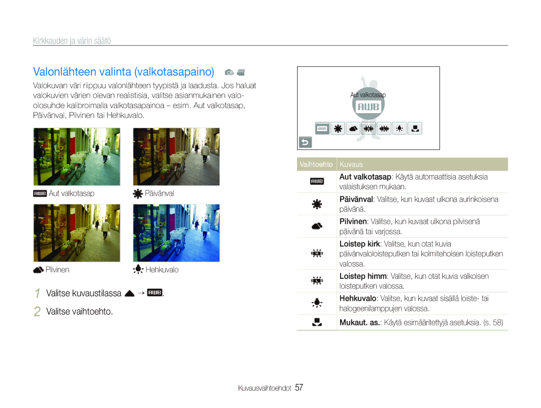 Samsung EC-ST80ZZBPPE2 manual Valonlähteen valinta valkotasapaino p, Valitse kuvaustilassa f ““ Valitse vaihtoehto 