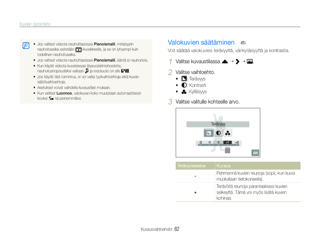 Samsung EC-ST80ZZBPBE2 Valokuvien säätäminen p, Valitse kuvaustilassa f “ ““ Valitse vaihtoehto, Terävyysasetus Kuvaus 