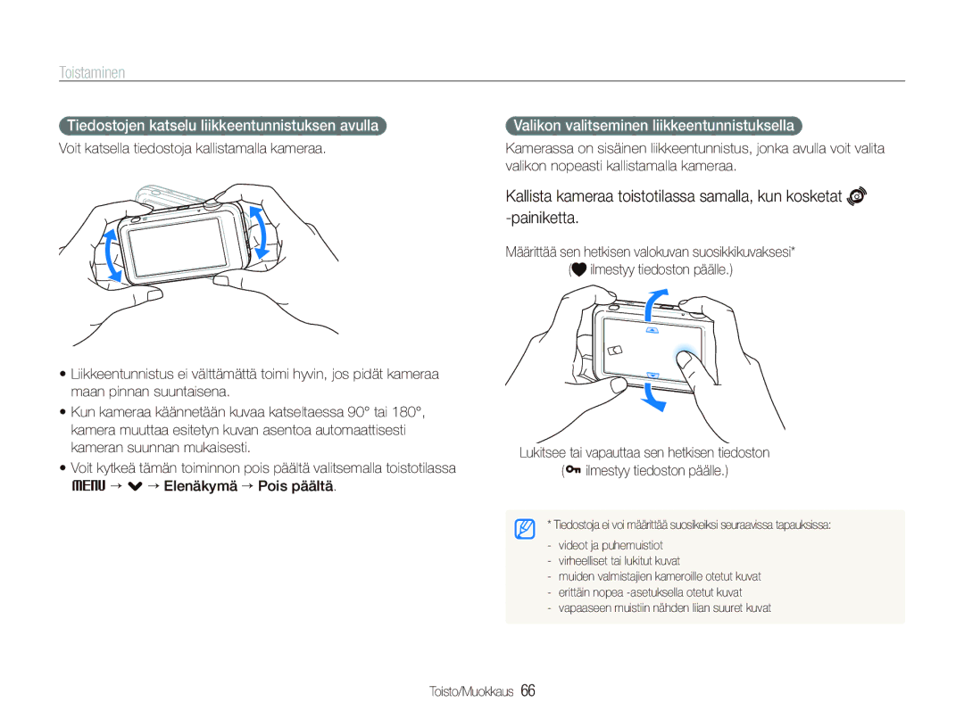 Samsung EC-ST80ZZBPBE2, EC-ST80ZZBPBE3, EC-ST80ZZBPWE2 manual Toistaminen, Tiedostojen katselu liikkeentunnistuksen avulla 