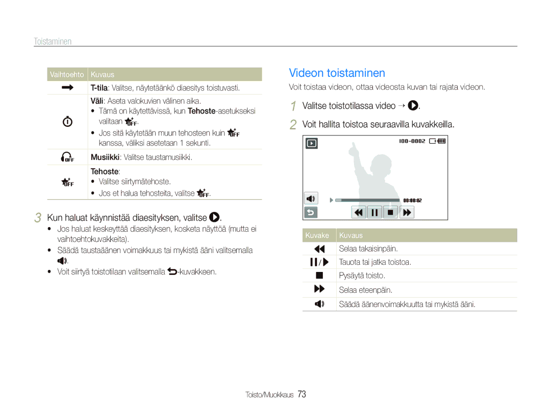 Samsung EC-ST80ZZBPPE2, EC-ST80ZZBPBE3 Videon toistaminen, Kun haluat käynnistää diaesityksen, valitse, Selaa takaisinpäin 