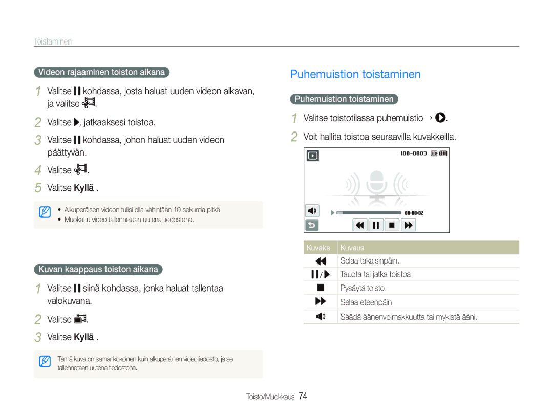 Samsung EC-ST80ZZBPBE2, EC-ST80ZZBPBE3, EC-ST80ZZBPWE2 manual Puhemuistion toistaminen, Päättyvän, Valitse Valitse Kyllä 