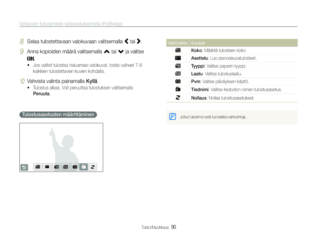 Samsung EC-ST80ZZBPBE2 manual Valokuvien tulostaminen valokuvatulostimella PictBridge, Vahvista valinta painamalla Kyllä 