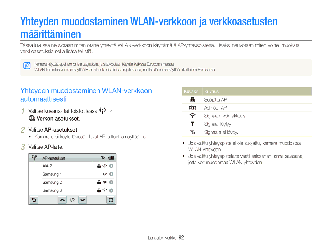 Samsung EC-ST80ZZBPWE2 manual Yhteyden muodostaminen WLAN-verkkoon automaattisesti, Valitse kuvaus- tai toistotilassa N “ 