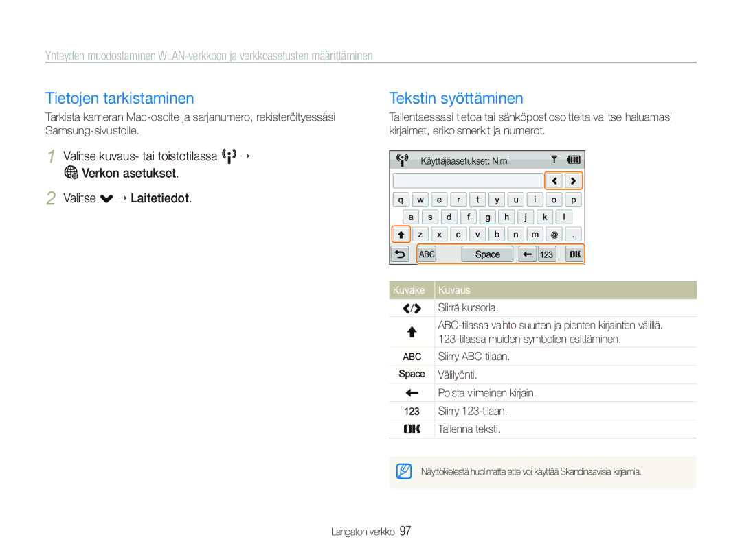 Samsung EC-ST80ZZBPPE2, EC-ST80ZZBPBE3, EC-ST80ZZBPWE2 manual Tietojen tarkistaminen, Tekstin syöttäminen, Siirrä kursoria 